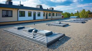 Flat rooftop with gravel surface, roof shingles, skylights, and ventilation units under a partly cloudy sky beside a building with rectangular windows.