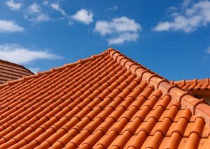 A close-up of a red clay tile roof under a blue sky with scattered clouds, contrasting classic style with modern flat roofing trends.