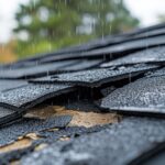 Damaged roof with missing shingles under rainy sky and blurred trees backdrop